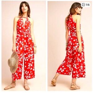 Anthropologie Red and White Floral Jumpsuit